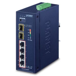De Planet IGS-624HPT 4-poort industriële POE+ Switch is bij Shop4power uit voorraad het goedkoopst leverbaar.