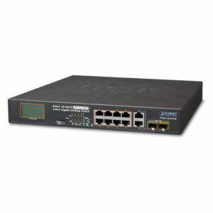 De Planet FGSD-1022VHP 8 poort 10/100TX Switch met 2 gigabit TP/SFP combo poorten en High Power PoE (120Watt budget) en een LCD POE monitor is het goedkoopst bij shop4power uit voorraad leverbaar