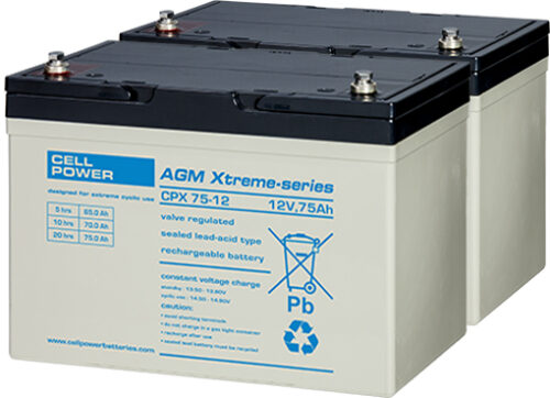 Twee stuks CPX75-12 75Ah blokken uit de Extreme serie, deze blokken kunnen bij 50% ontlading 800-1000 laadcycl aan. Ui voorraad leverbaar bi shop4power.