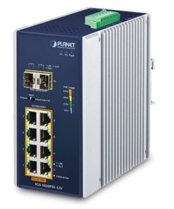 De Planet IGS-1020PTF-12V Industriële 8-poort Gb 802.3at POE+ en 2-poort SFP exhternet switch met 12 Volt booster is uit voorraad leverbaar bij shop4power